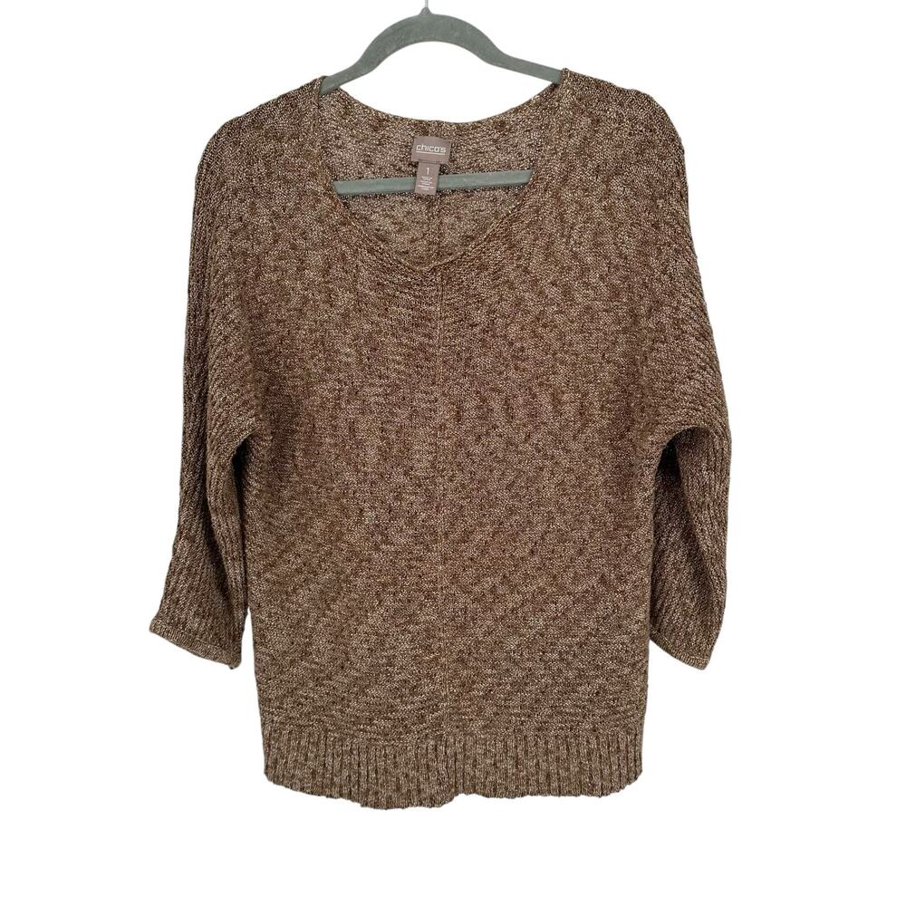 Chico's Brown Rib-Knit Pullover Sweater Metallic Gold Thread Sz 1 (MediumP